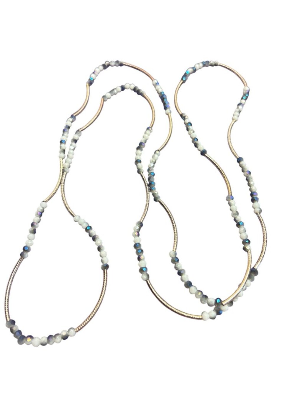 Goldtone Stretchy Necklace Blue White Faceted Beads 48" Long